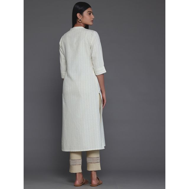 Libas Women's Cream Striped Cotton Straight Kurta | 26803 - S