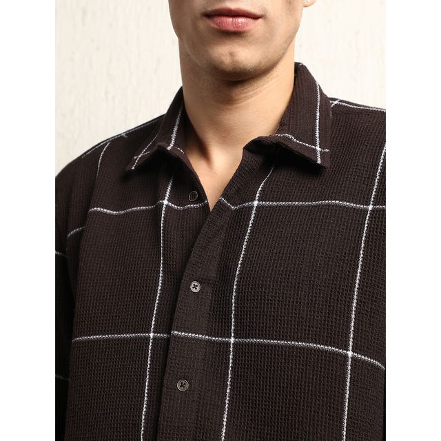 Hubberholme Men's Oversized Cotton Casual Check Waffel Double Pocket Full Sleeve Shirt | Brown - 40