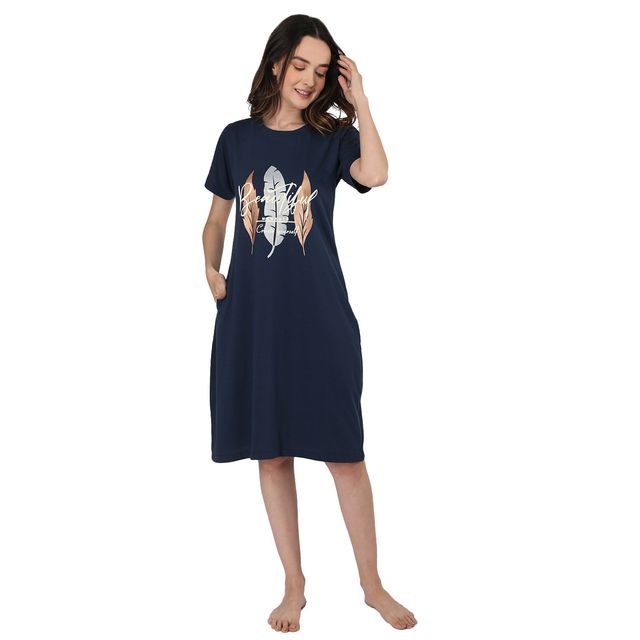 Duchess Women's Cotton Blend Printed Knee Length Nighty | Airforce - 2XL