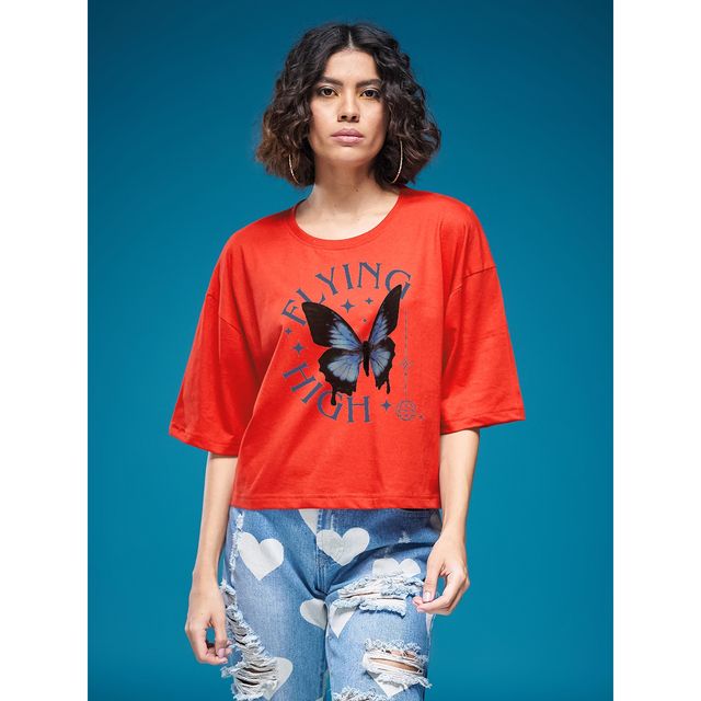 Smartees Women's Oversize Printed T-shirt | WW - Boxy - 3001 | Orange - XL