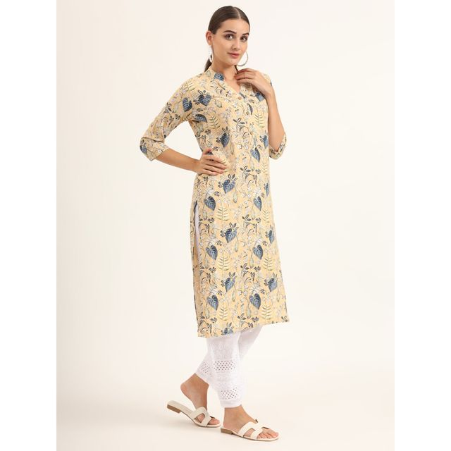 Divena Women s Yellow Floral Print Rayon Straight Kurta | DK2126 | XL