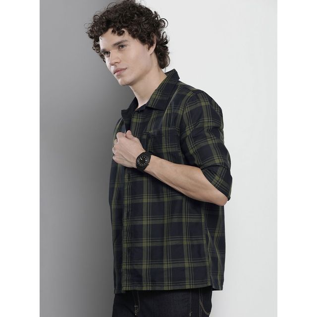 The Indian Garage Co Men's Regular Fit Checkered Casual Over Shirt | Black - M