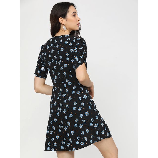 Tokyo Talkies Women's Black Floral Crepe A-Line Dress | Multicolour - S