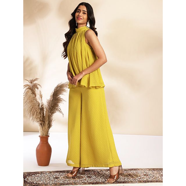 Janasya Women s Yellow Dobby Chiffon Self Design Co-Ord Set - SET916-TP-PP - S