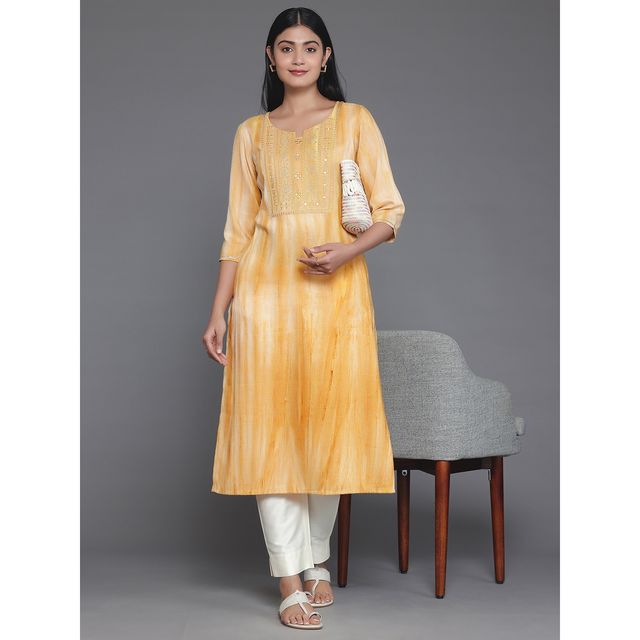 Libas Women's Yellow Yoke Design Cotton Straight Kurta | M