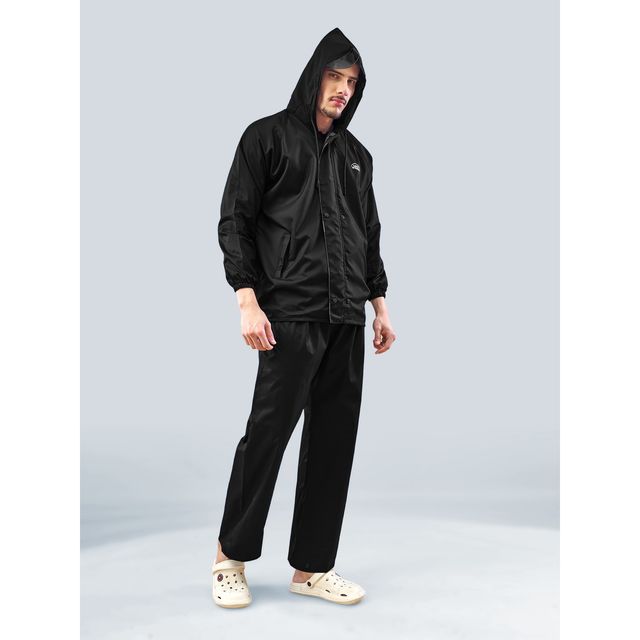 Lux Venus Lightweight Hooded Reversible Raincoat for Men With Waterproof Pant - Black | XXL