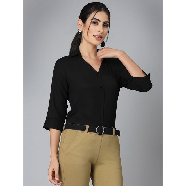 Style Quotient Women Nude Solid Polymoss Regular Casual Shirt | L | SS23SQARTI - Black