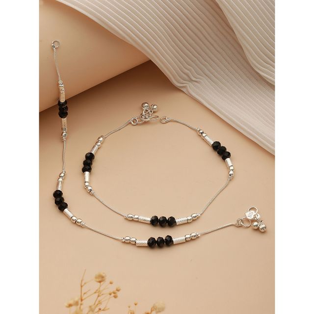 Aatmana | Set Of 2 Silver-Plated Crystal-Studded & Beaded Anklets