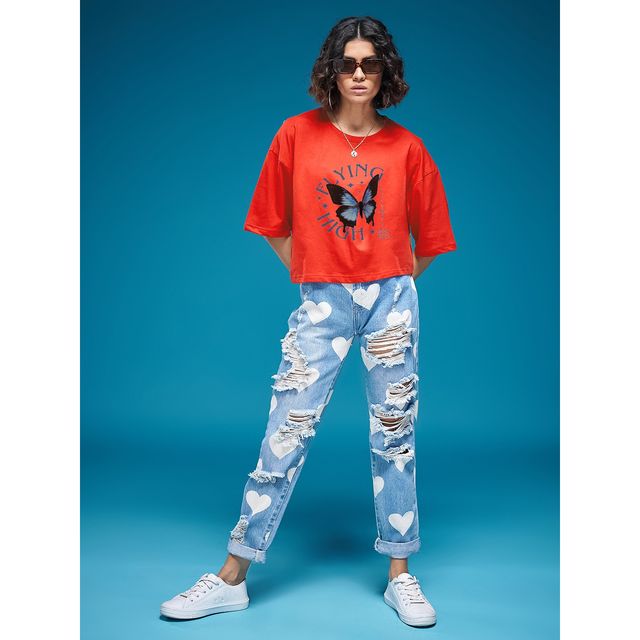 Smartees Women's Oversize Printed T-shirt | WW - Boxy - 3001 | Orange - XL