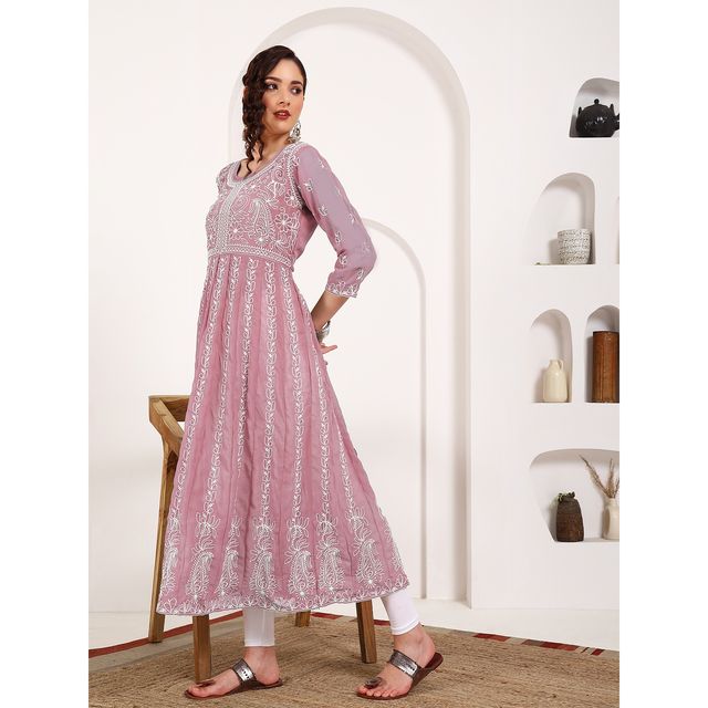 Youthnic Georgette Chikankari Embroidery Anarkali Kurta | B19 - Apsara Dusty Pink | XL
