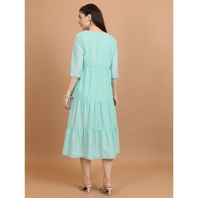 Ketch Women Self Designed Keyhole Neck A-Line Midi Dress | Sea Green | XL