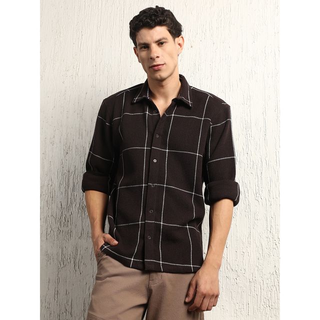 Hubberholme Men's Oversized Cotton Casual Check Waffel Double Pocket Full Sleeve Shirt | Brown - 40