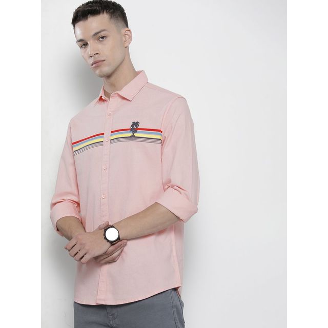 The Indian Garage Co Men's Regular Fit Placement Print Casual Shirt | Pink - S