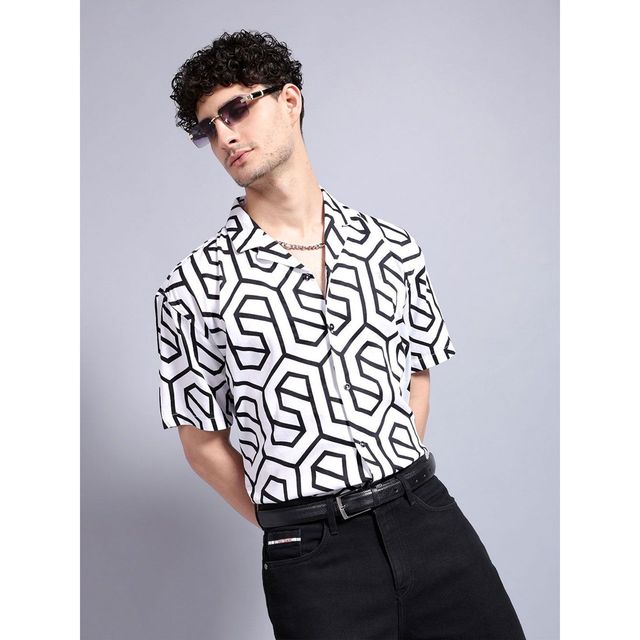 The Indian Garage Co Men's Relaxed Fit Geometric Print Party Half Sleeve Shirt | White - M
