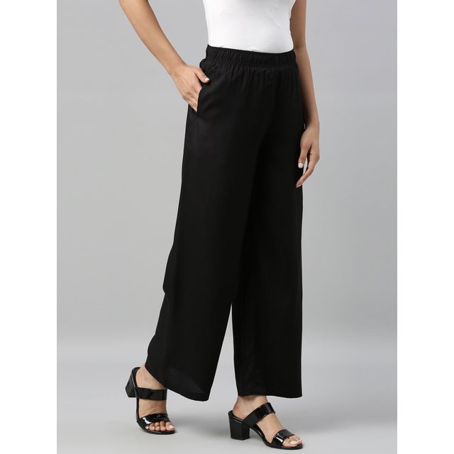 Go Colors Women's Solid Woven Viscose Mid Rise Basic Palazzos | LPZ7 | Black - L