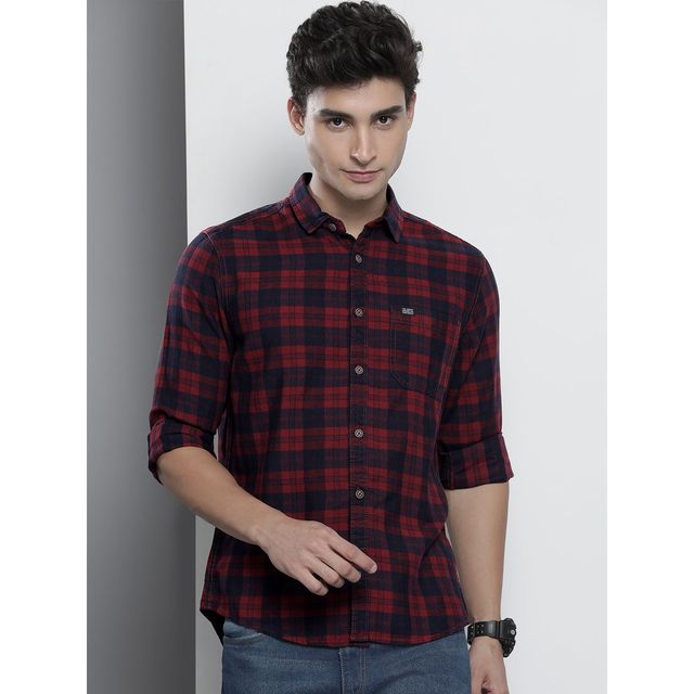 The Indian Garage Co Men's Slim Fit Checkered Casual Shirt | Maroon - XL