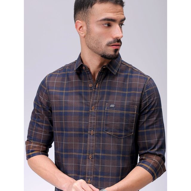 The Indian Garage Co Men's Slim Fit Checkered Casual Shirt | Brown - L