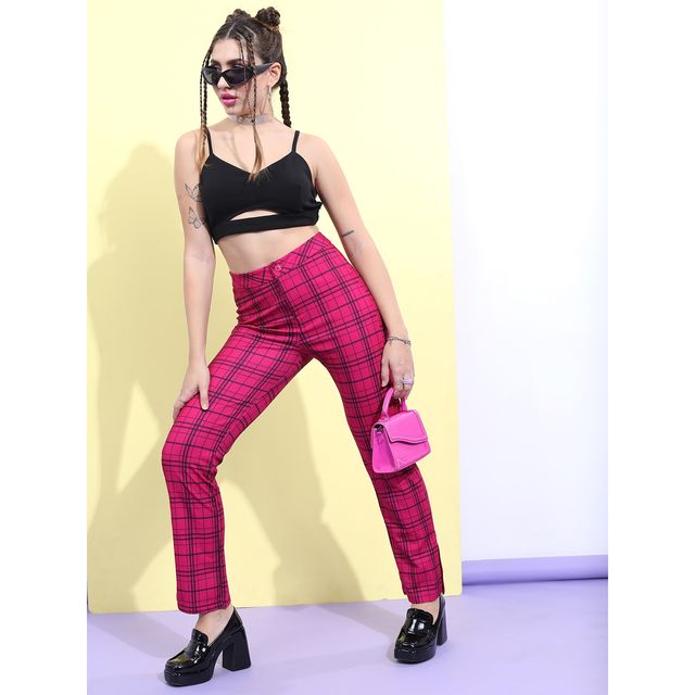 Ketch Women's Checked Split Hem Regular Trousers | Multicolor - 32