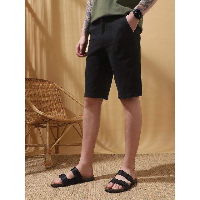 Dennis Lingo Men's Knee Length Mid-Rise Cotton Casual Shorts | DLMWSS25003 BK-28 | Black | 28