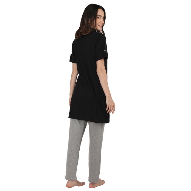 Duchess Women s Cotton Regular Fit Printed-Embroided Long Night Suit Set | Black | 3XL