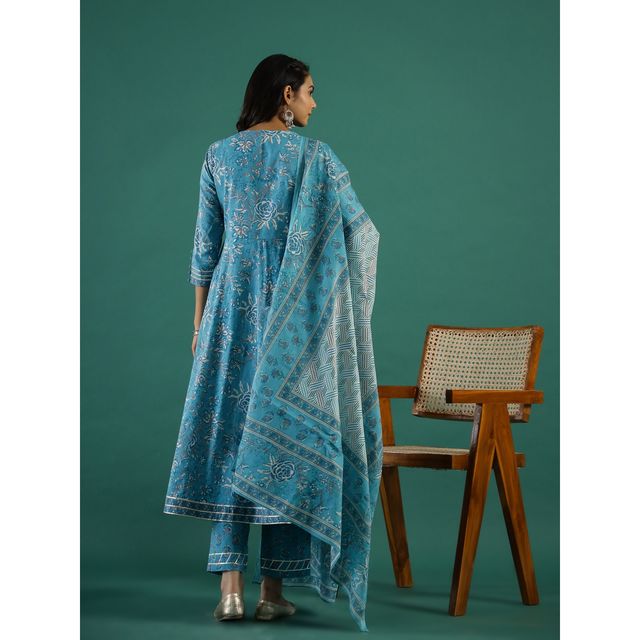 Rangdeep Floral Printed Regular Pure Cotton Anarkali Kurta with Trousers & Dupatta for Women | XL