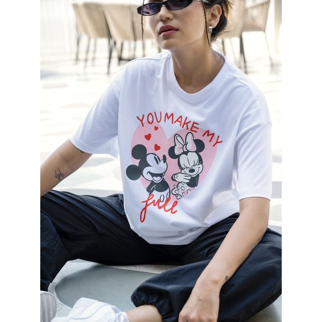 Bonorganik Women's Mickey & Mini Oversize Front Print T-Shirt | Bon12119 | White | M