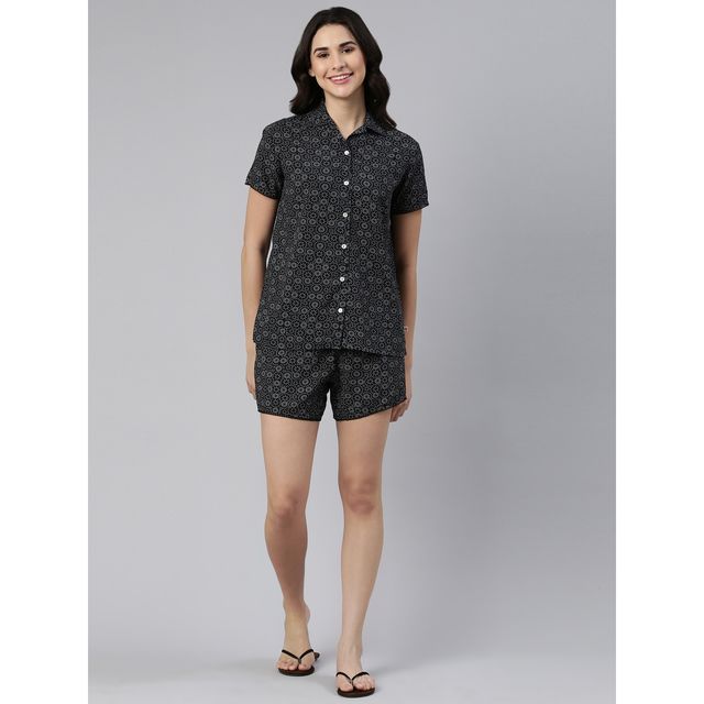 Enamor Essentials EC13 Women s Modal Woven Printed Shirt And Shorts Set | Black | L