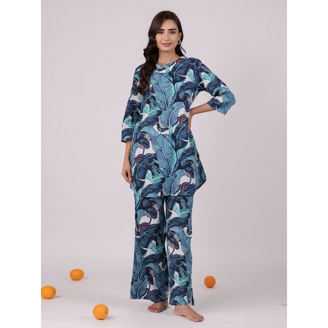 Sanskrutihomes Women Tropical Printed Cotton Blue Night Suit SE-NSP-629 | M