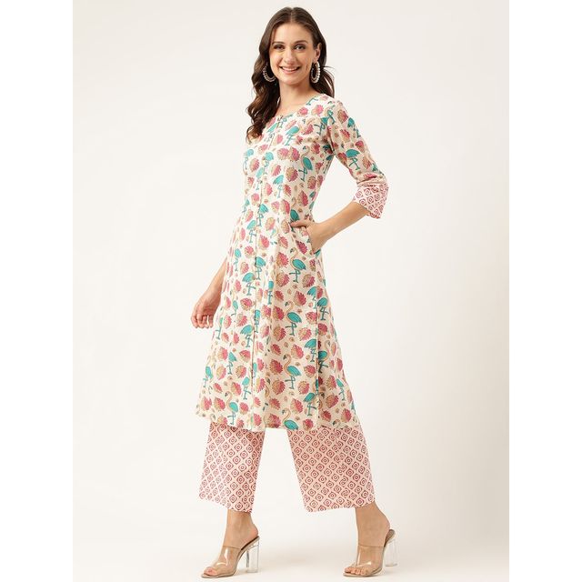 Divena Women s Floral Cotton Kurta with Trouser Set | DK0938 | XL