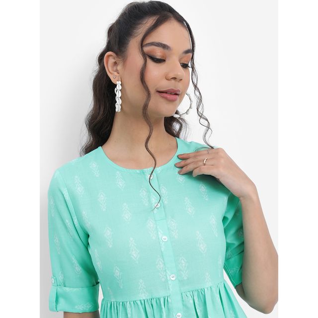 Ketch Women Sea Green Print Fit Flare Midi Dress | Sea Green | XL