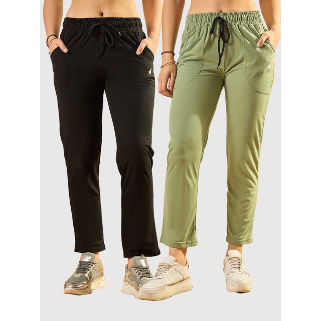 Modeve Women's Cotton Blend Solid Track Pant for Summer | Pista and Black | M