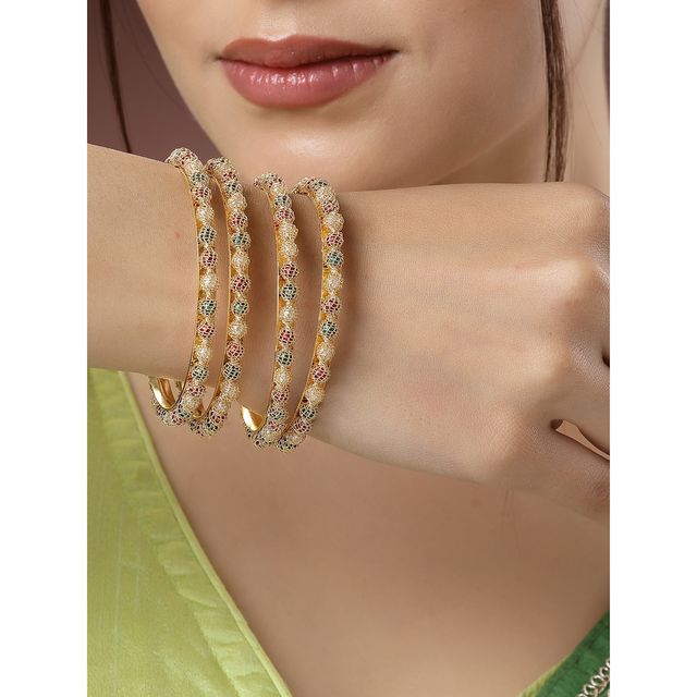 NVR Women's Set of 4 Gold-plated Beads Handcrafted Traditional Bangles | NVR2464-S