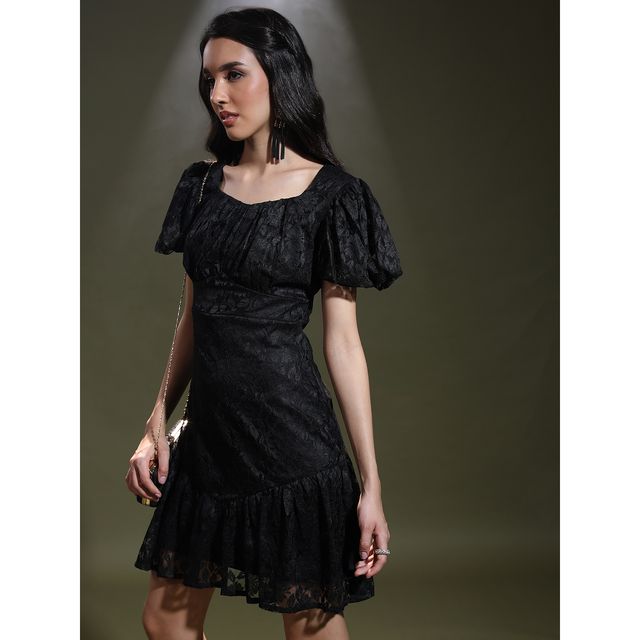 Ketch Women's Cap Sleeves Square Neck Sheath Dress | Black - L