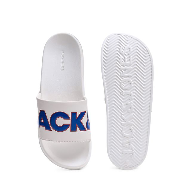 Jack & Jones Men's Contrast Logo PU Pool Sliders | White - UK 7