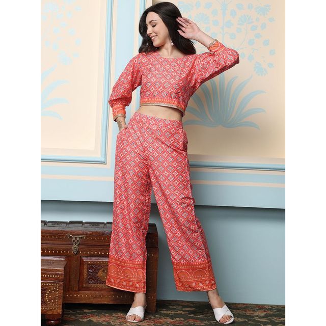 Ishin Women's Printed Cotton Co-ord Set | Red - M