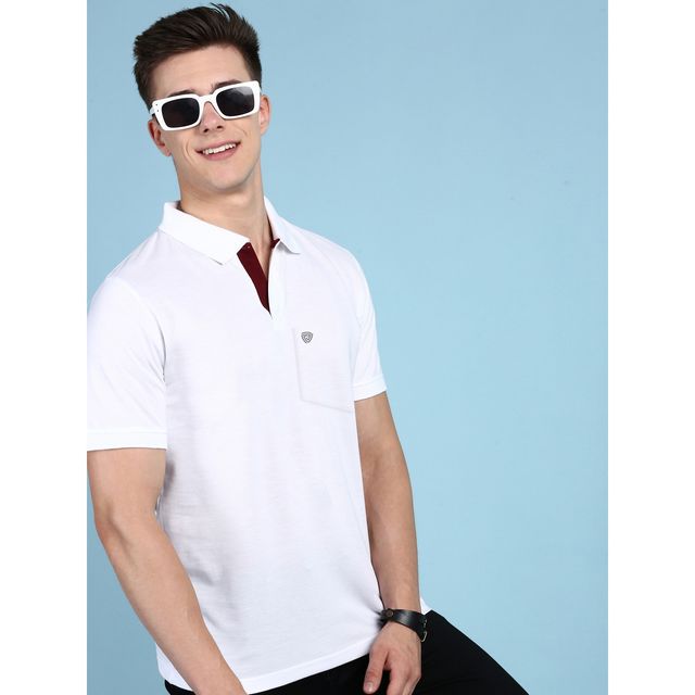 Lux Cozi Men's Solid Cotton Polo T-shirt with Pocket | White - XL