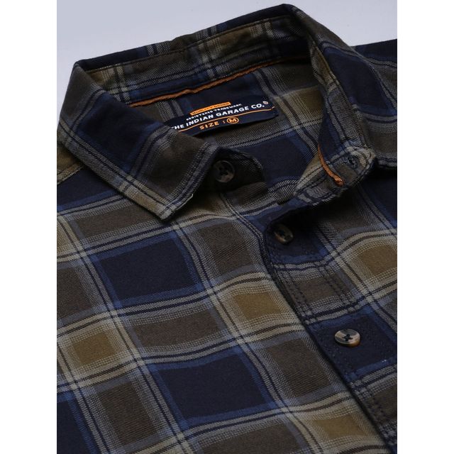 The Indian Garage Co Men's Slim Fit Checkered Casual Shirt | Navy Blue - M