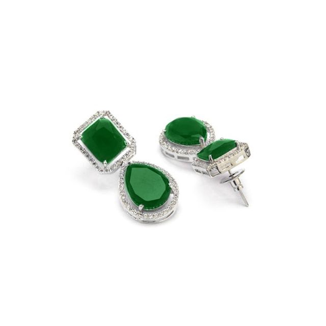 Rubans Rhodium-Plated Emerald Green and Cubic Zirconia Studded Premium Drop Earrings