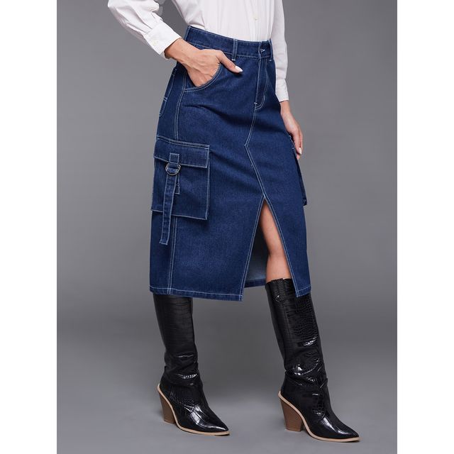 Miss Chase Women s Timeless Enigma Cargo Midi Skirt Navy Blue | 34
