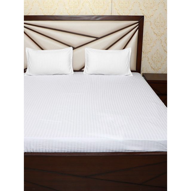 Hosta Homes White Striped 300 Tc Satin Cotton King Size Bed Sheet With 2 Pillow Covers