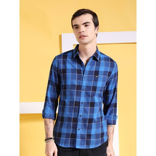 The Indian Garage Co Men's Slim Fit Checkered Casual Shirt | Blue - S