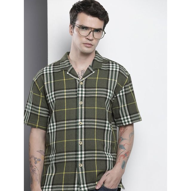 The Indian Garage Co Men's Relaxed Fit Checkered Resort Wear Half Sleeve Shirt | Green - S