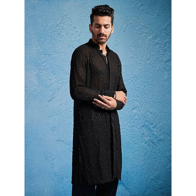 Vastramay Men's Georgette Kurta | Black - M
