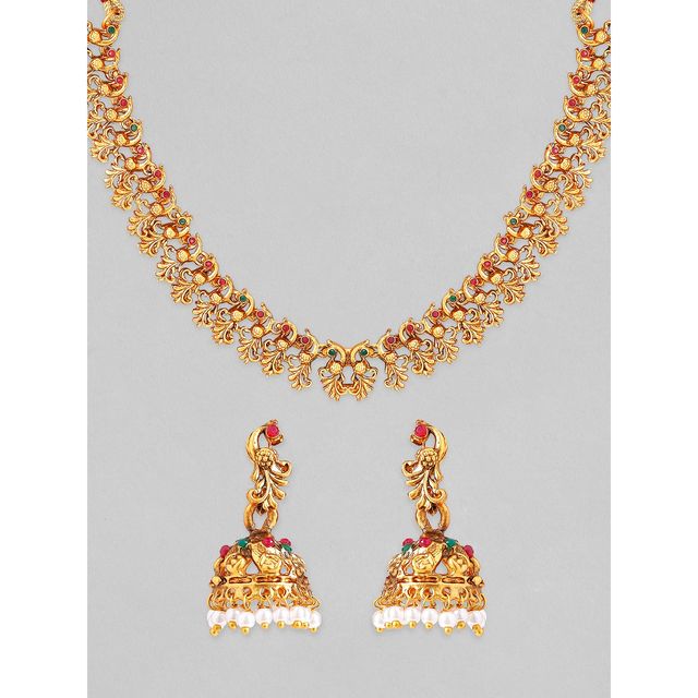 Rubans 22K Gold-Plated Red and Green Studded Temple Jewellery Set