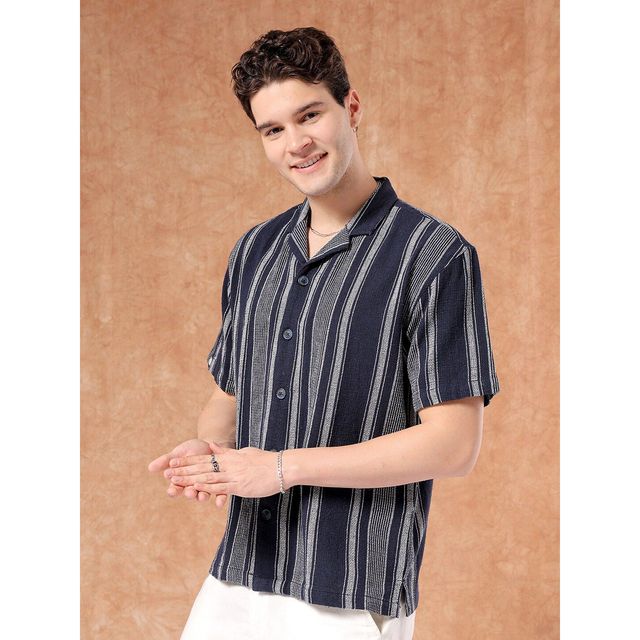 The Indian Garage Co Men's Relaxed Fit Striped Resort Half Sleeve Shirt | Indigo - XL