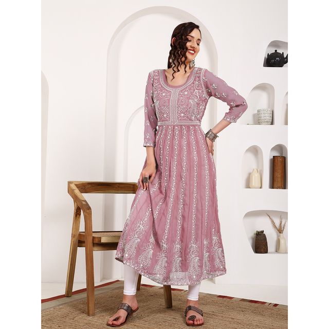 Youthnic Georgette Chikankari Embroidery Anarkali Kurta | B19 - Apsara Dusty Pink | XL