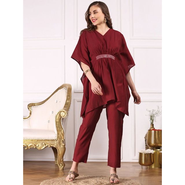 Ishin Women Kurta with Bottom Set | INWKTS24086 | Maroon - XL