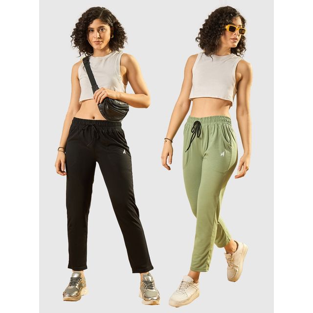 Modeve Women's Cotton Blend Solid Track Pant for Summer | Pista and Black | M