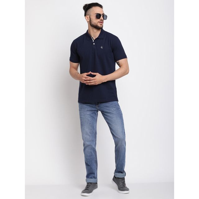 Cantabil Men's Solid Polo Neck Casual T-shirt | Navy Blue - L