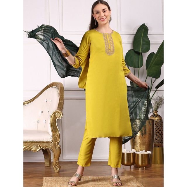 Ishin Women Viscose Silk Kurta Set with Dupatta | INWSDS24158 | Yellow - M